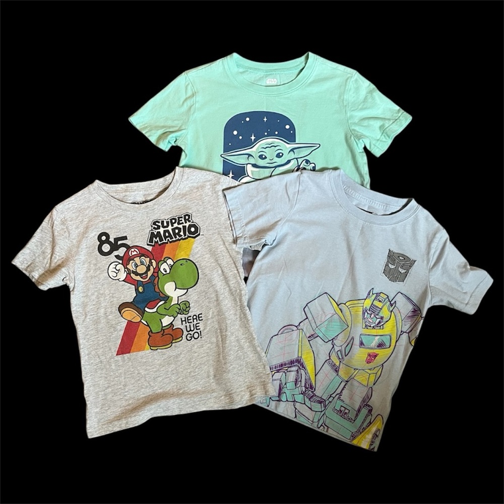 Kids Graphic Tees - Set of 3 • Super Mario, Transformers, Star Wars Grogu
